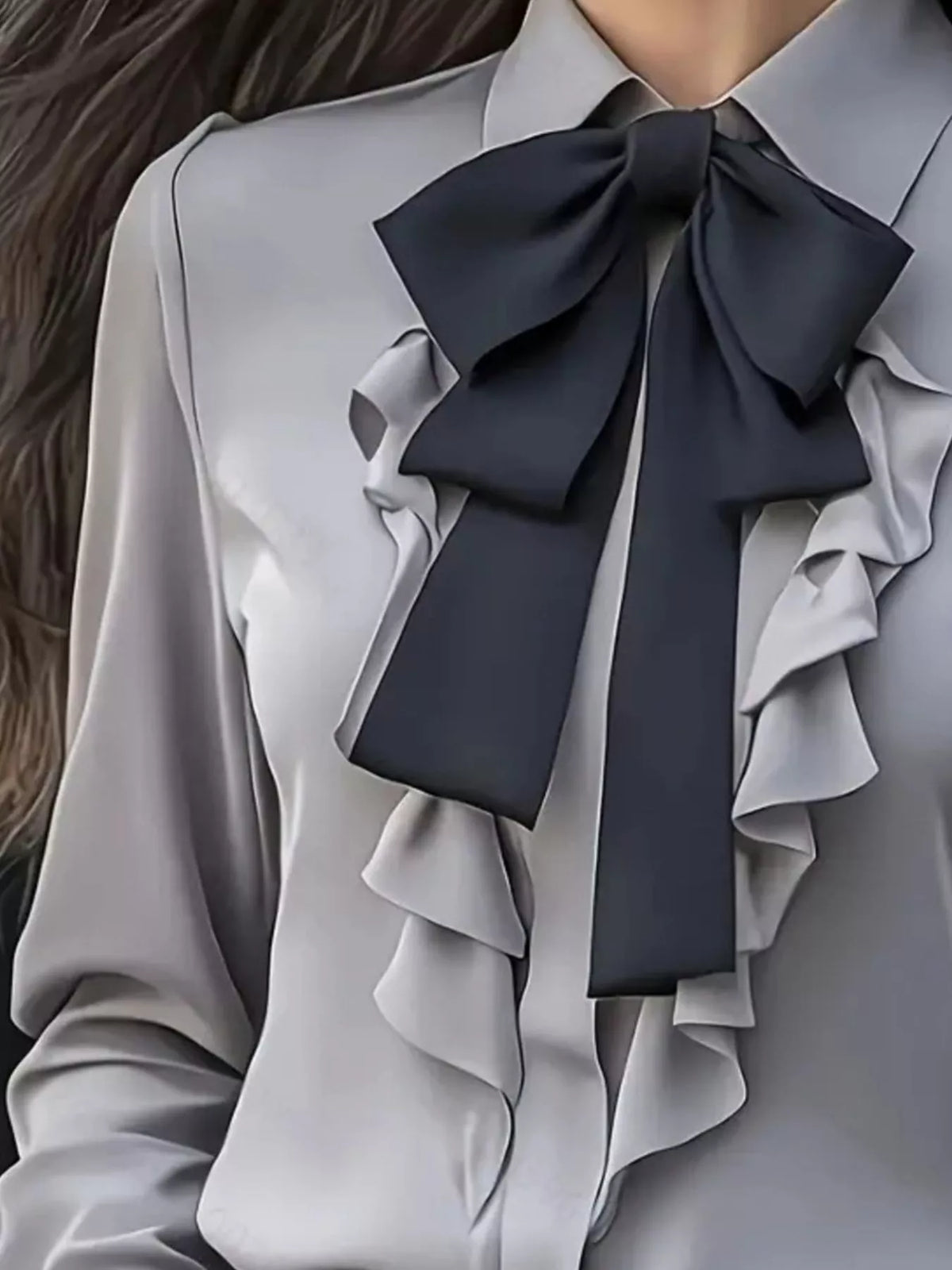 Ruffled Tie Front Long Sleeve Blouse - Gray - View 6