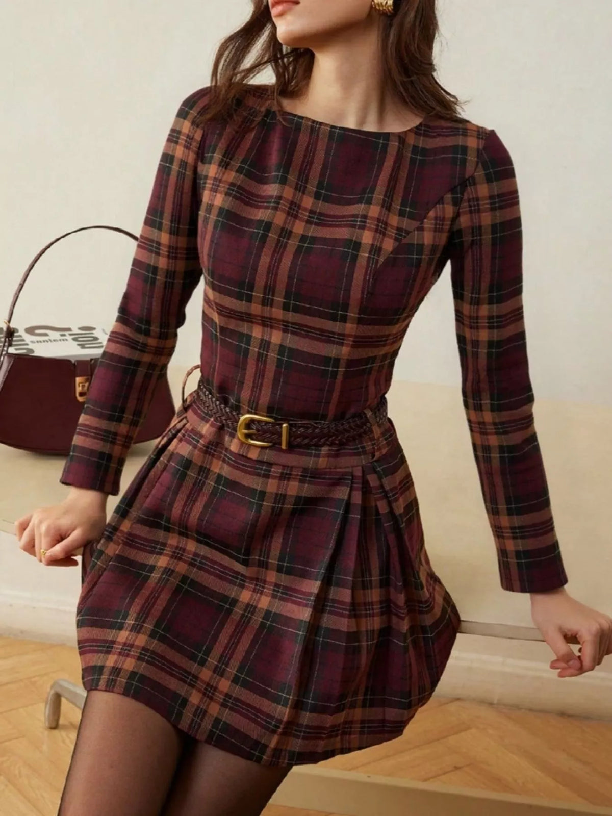 Plaid Long Sleeve Mini Dress - Red - View 2