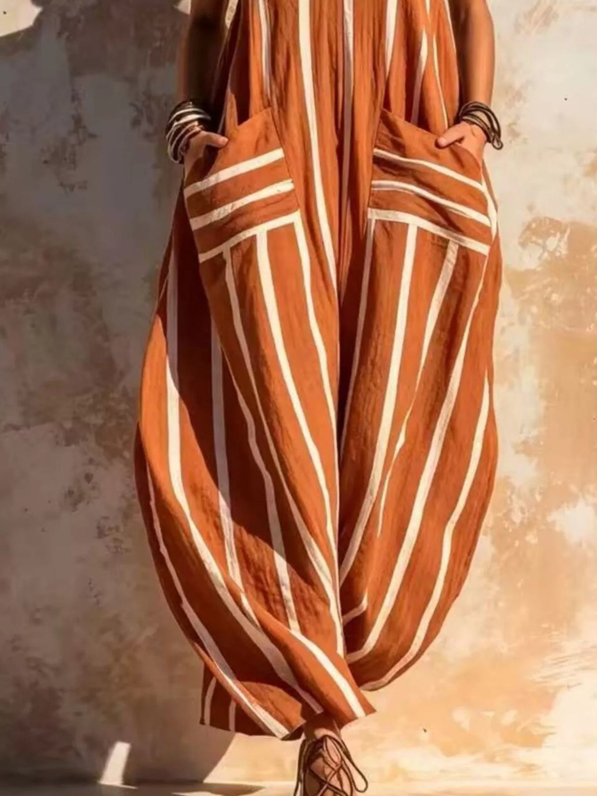 Striped V-Neck Sleeveless Wide-Leg Jumpsuit - Terracotta - View 3