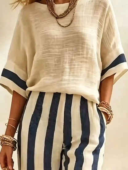 Full Size Striped Half Sleeve Top and Pants Set Plus Size - Dark Blue - View 2