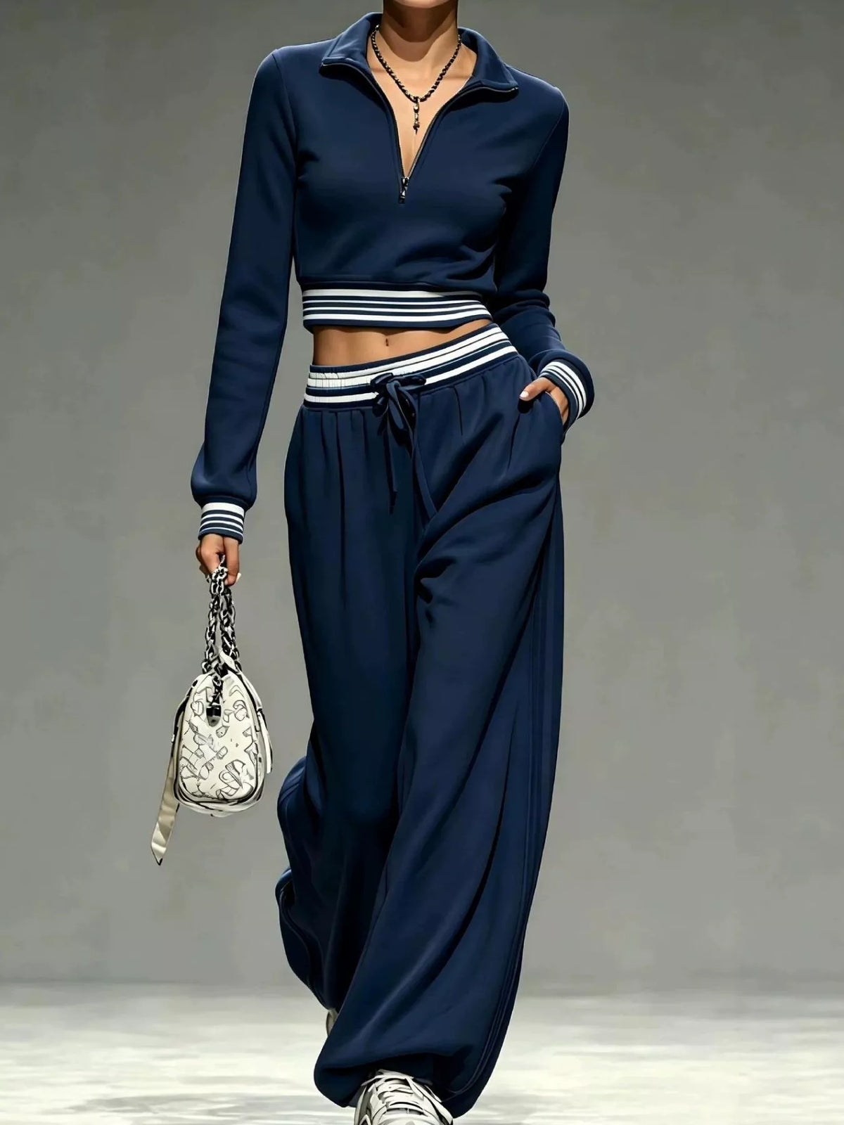 Full Size Half Zip Cropped Top and Pants Set Plus Size - Navy - View 2