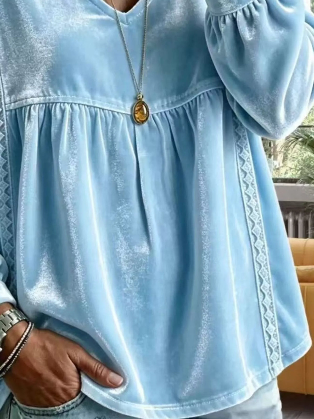 Full Size Velvet Lace Detail V-Neck Blouse Plus Size - Sky Blue - View 2