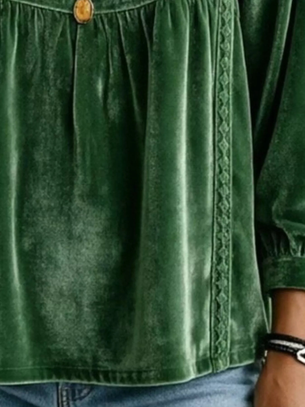 Full Size V-Neck Long Sleeve Velvet Blouse with Lace Trim Plus Size - Dark Green - View 3