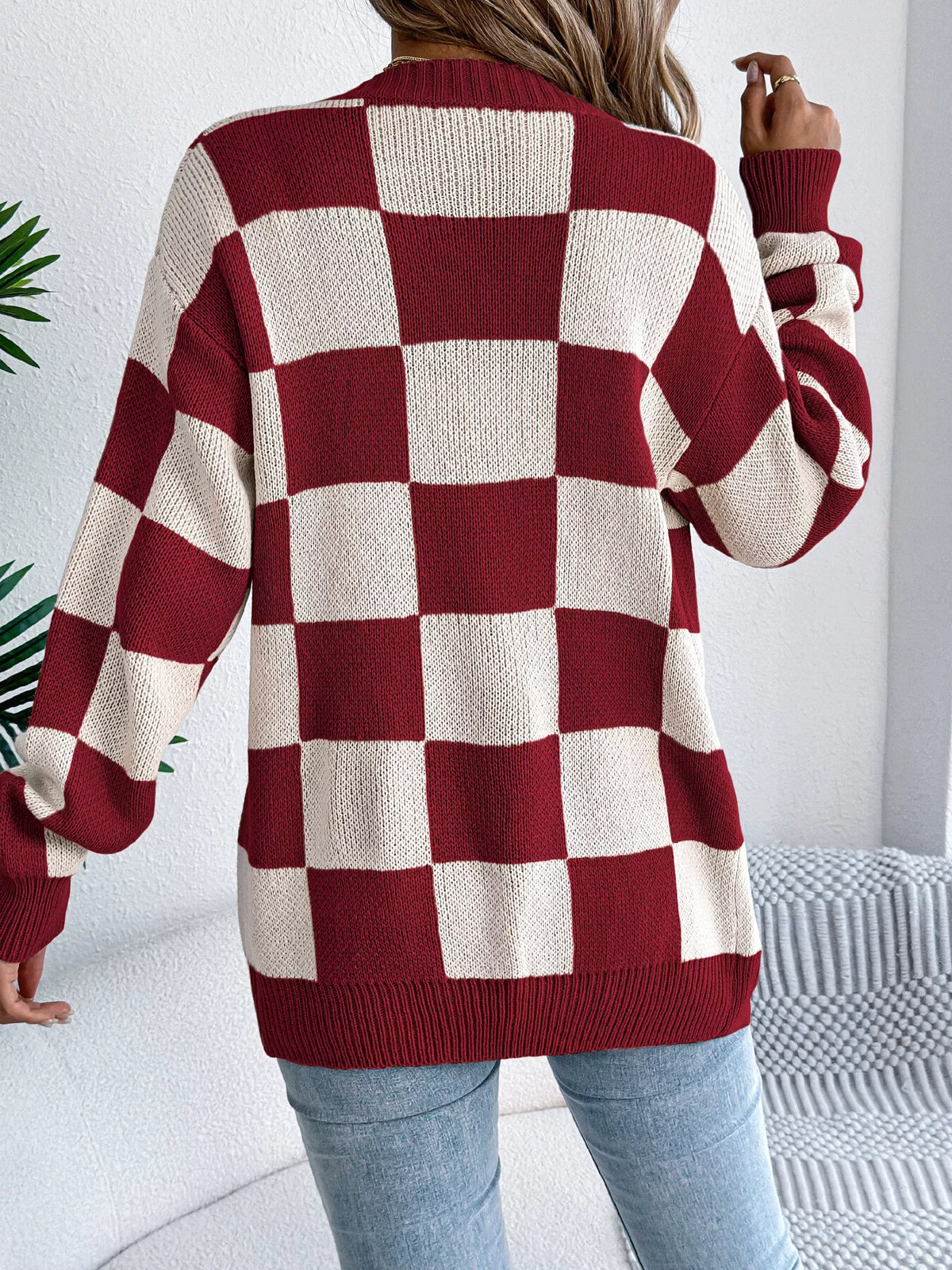 Checkerboard Pattern Open Front Knit Cardigan - Burgundy - View 6