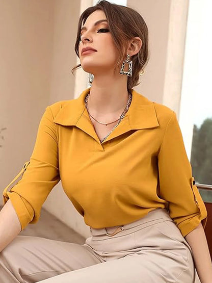 Collared Neck Half Sleeve Blouse - Yellow - View 6