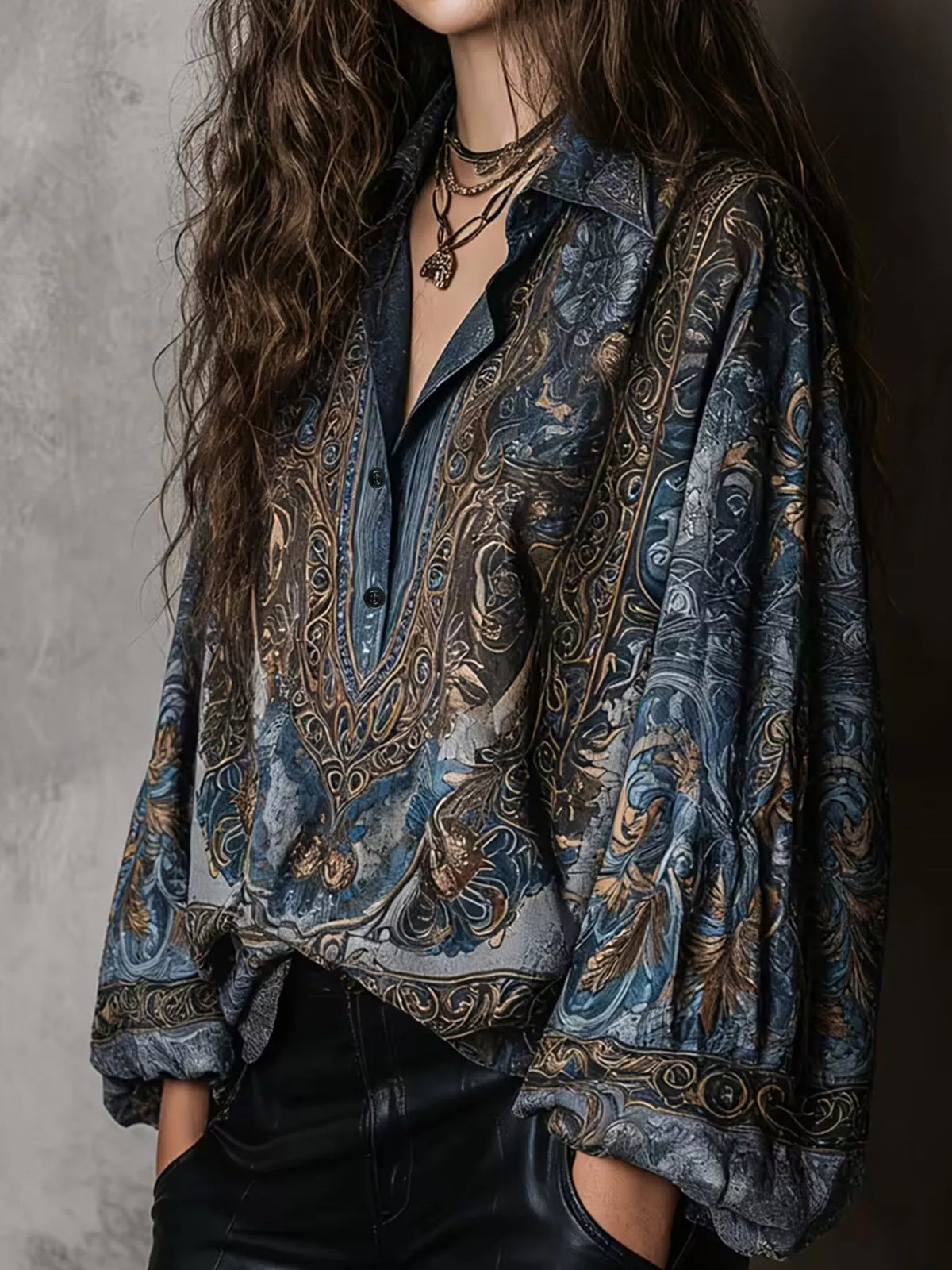 Full Size Vintage Print Long Sleeve Oversized Blouse Plus Size - Navy - View 2