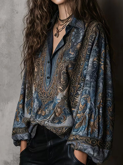 Full Size Vintage Print Long Sleeve Oversized Blouse Plus Size - Navy - View 2