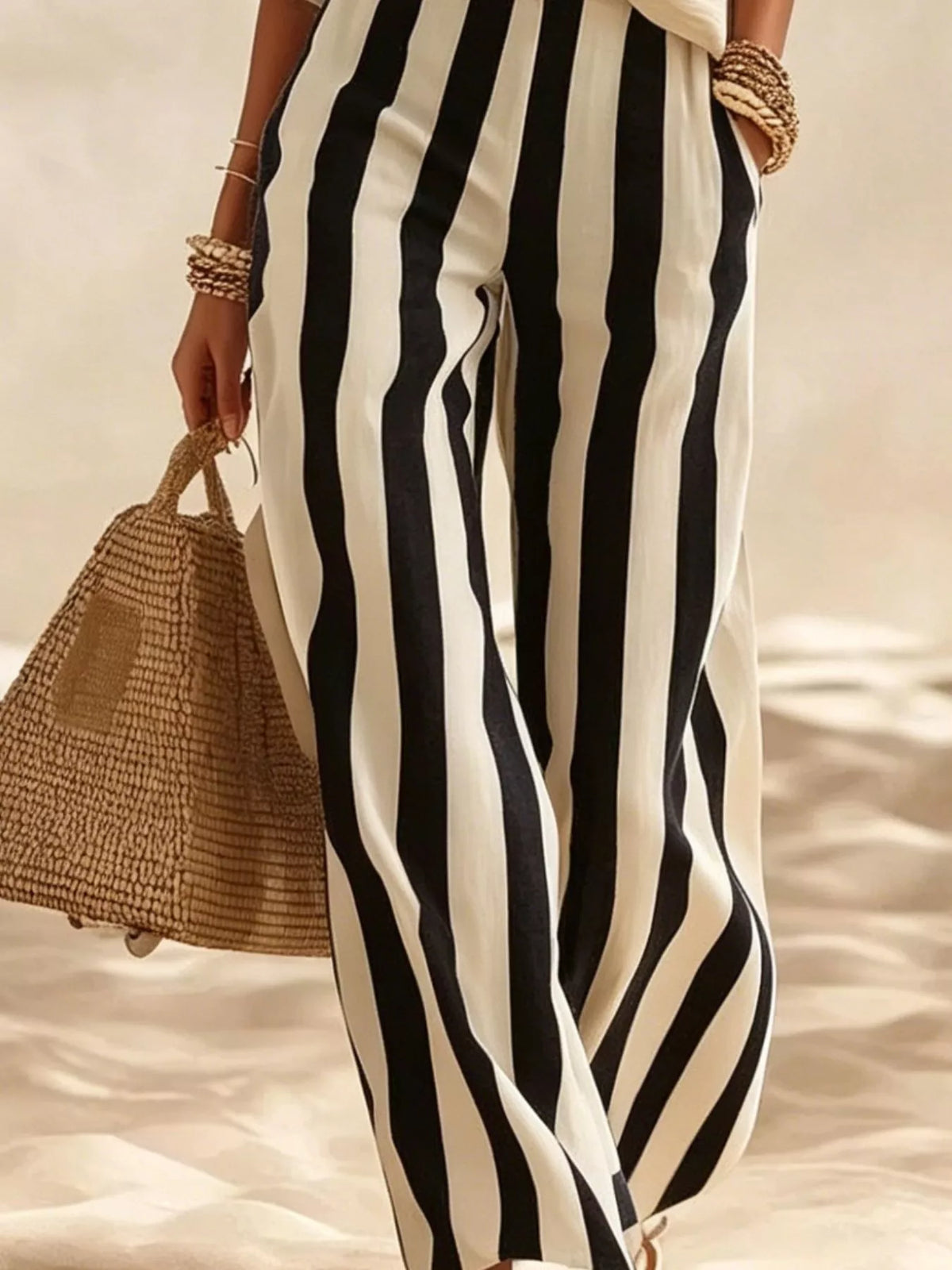 Full Size Striped Half Sleeve Top and Pants Set Plus Size - Black - View 3