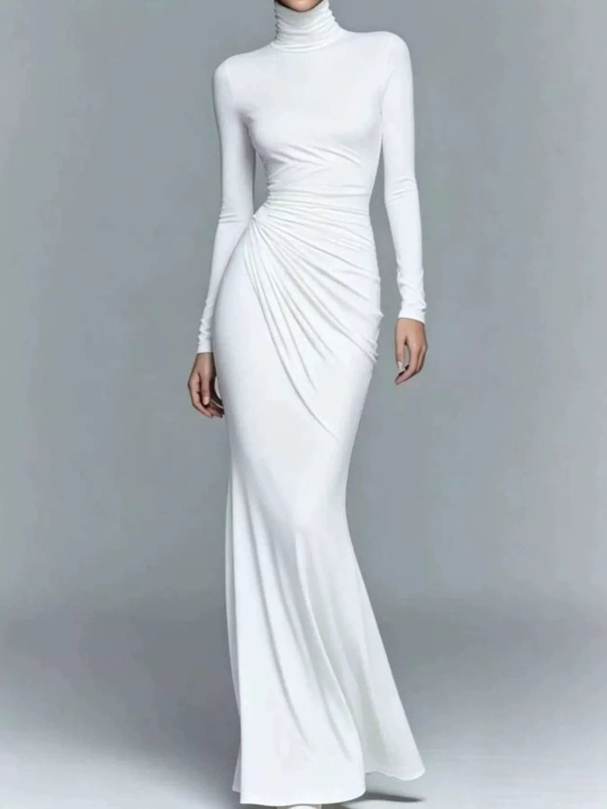 Turtleneck Long-Sleeve Ruched Maxi Dress - White - View 10