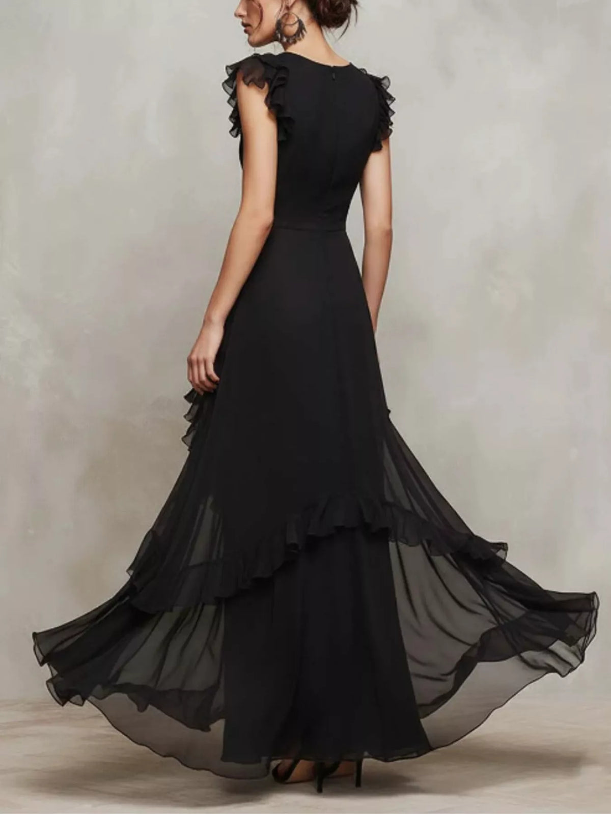 Sheer Ruffle Trim Maxi Dress - Black - View 5