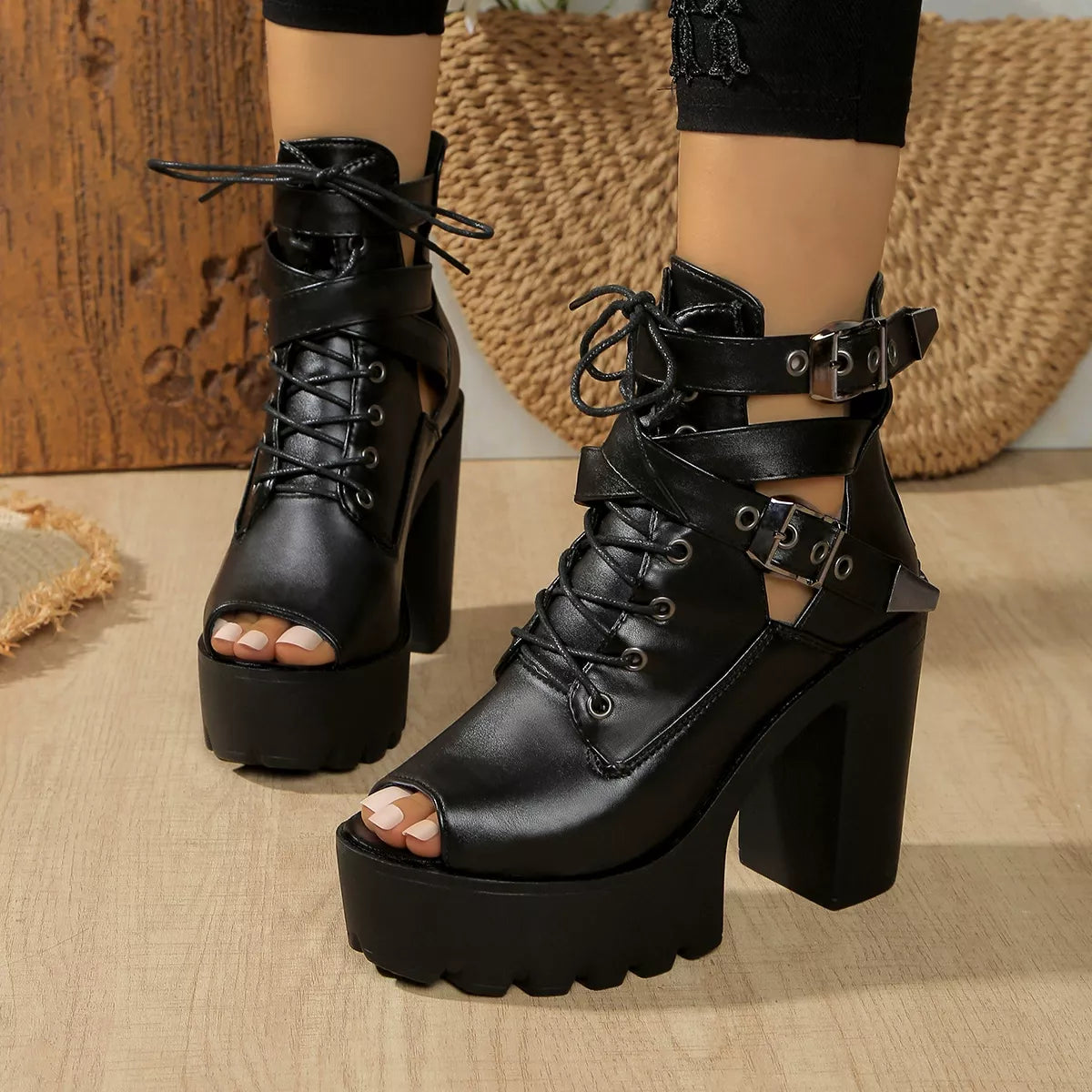 Lace Up Block Heels Sandals - Black - View 1