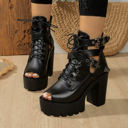 Lace Up Block Heels Sandals - Black - View 1