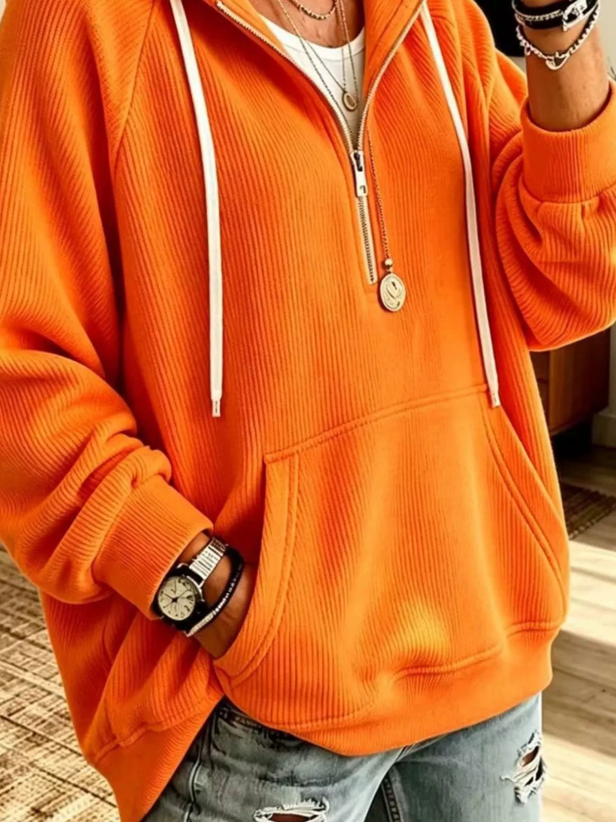 Ribbed Knit Quarter-Zip Hoodie with Kangaroo Pocket - Orange - View 3