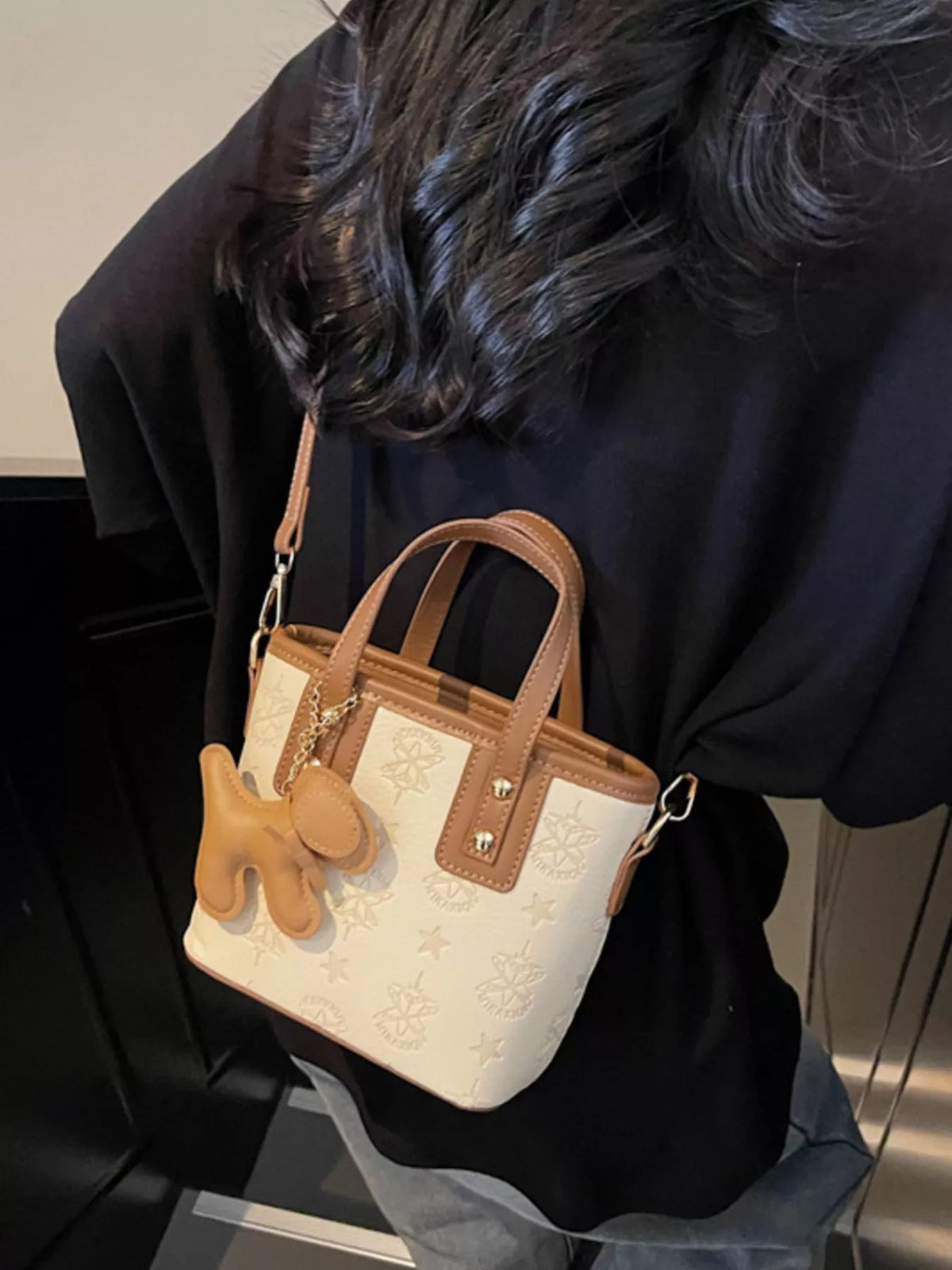 Embossed Pattern Dog Charm Crossbody Bag - Beige - View 3