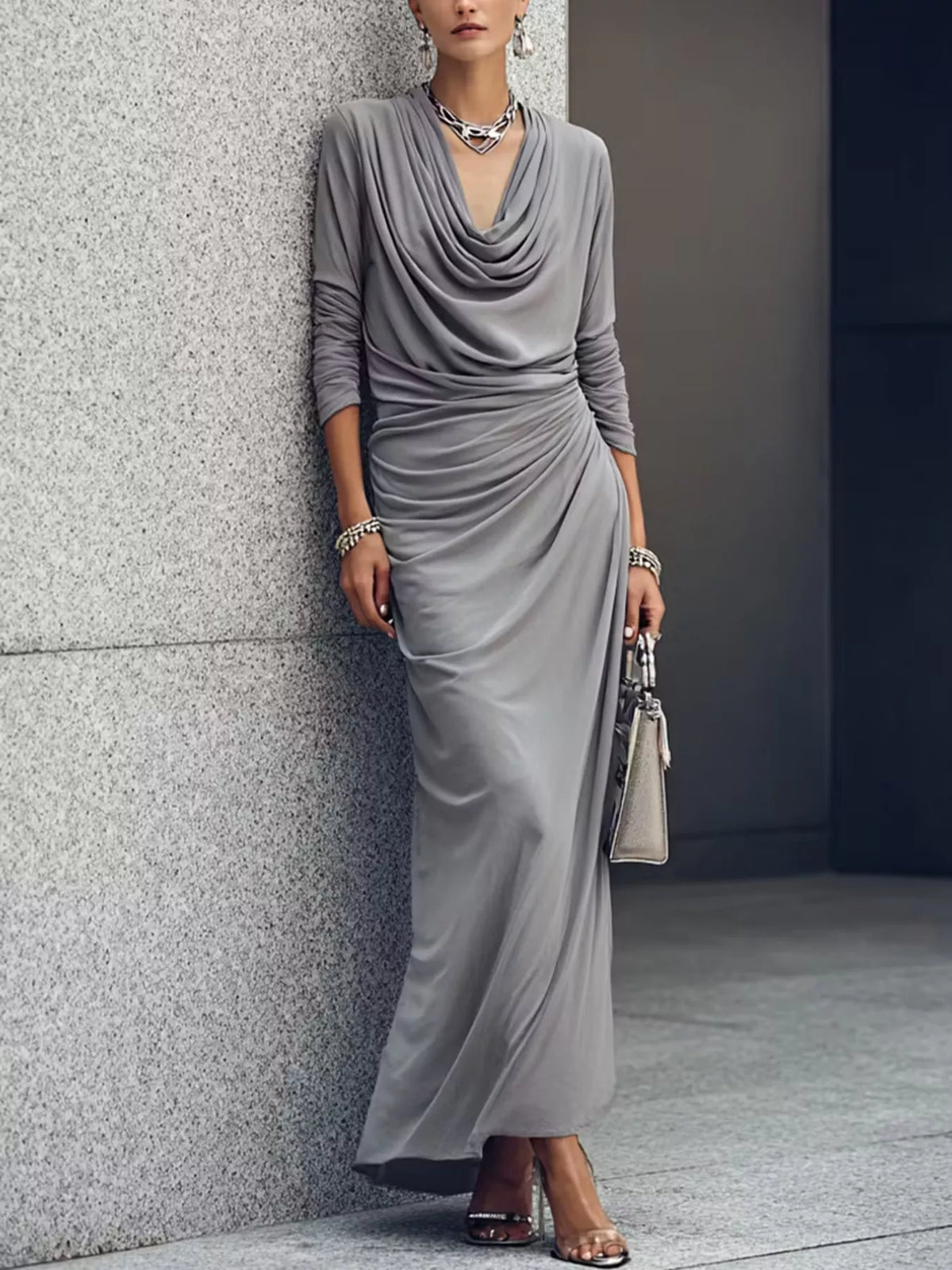 Cowl Neck Long Sleeve Maxi Dress - Gray - View 1