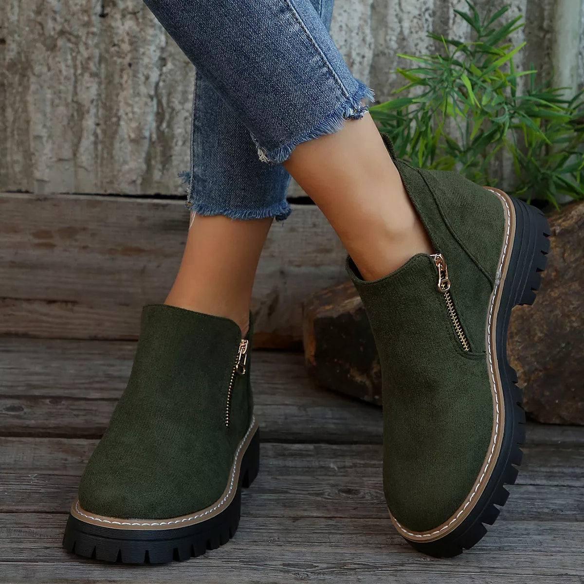 Ankle Boots with Zipper Detail - Green - View 2