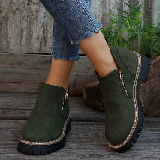 Ankle Boots with Zipper Detail - Green - View 2