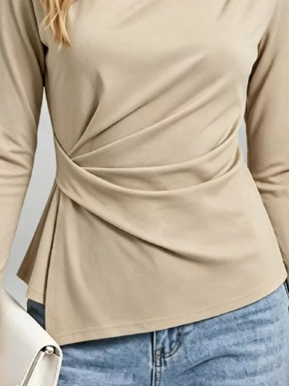 Ruched Waist Long Sleeve T-Shirt - Khaki - View 2
