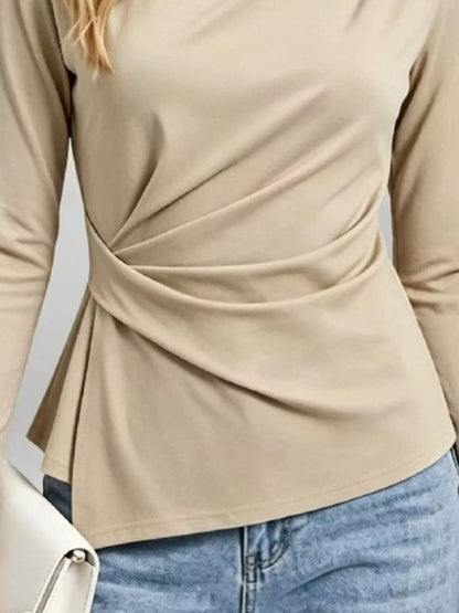 Ruched Waist Long Sleeve T-Shirt - Khaki - View 2