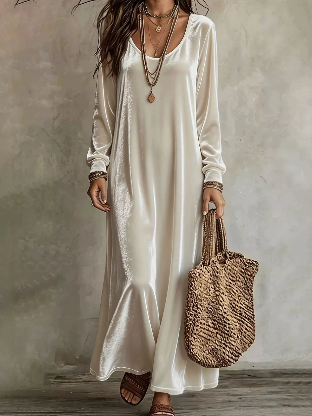 Velvet Long-Sleeve Maxi Dress - Apricot - View 21