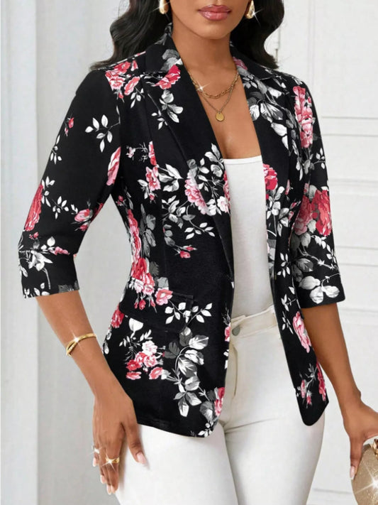Floral Print One Button Casual Blazer - Black - View 2