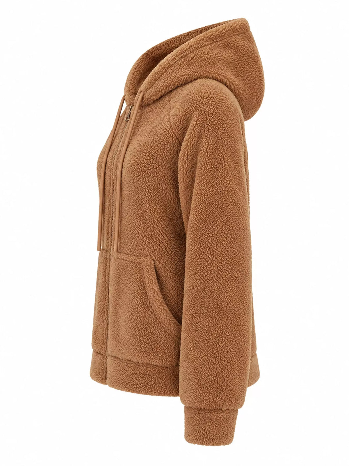 Drawstring Sherpa Zip-Up Hoodie - Caramel - View 6