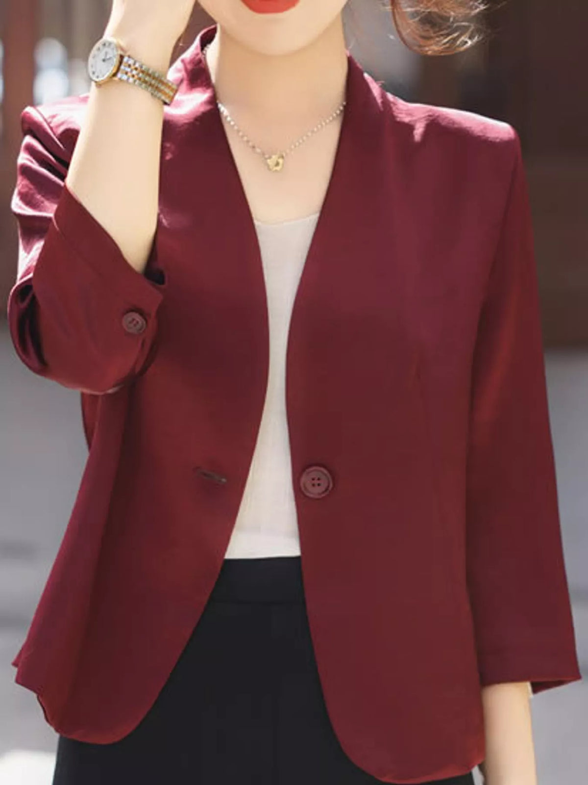 Plus Size Three-Quarter Sleeve One Button Blazer - Burgundy - View 1