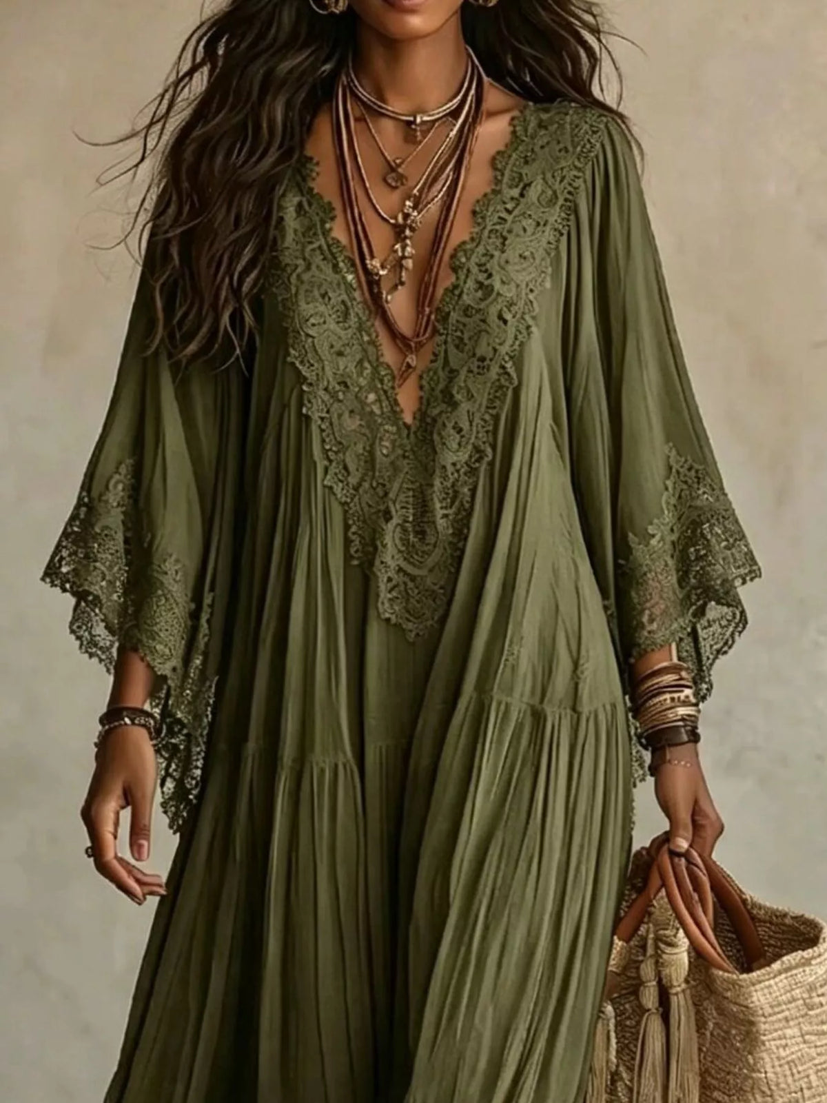Lace Trim V-Neck Maxi Dress - Army Green - View 2