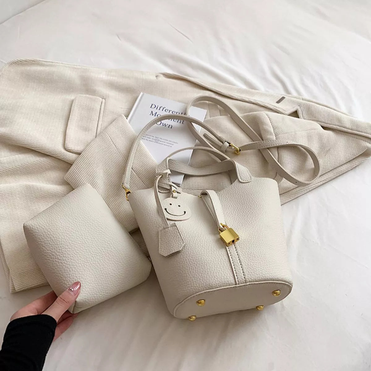 Bucket Crossbody Bag with Lock Detail - White - View 3
