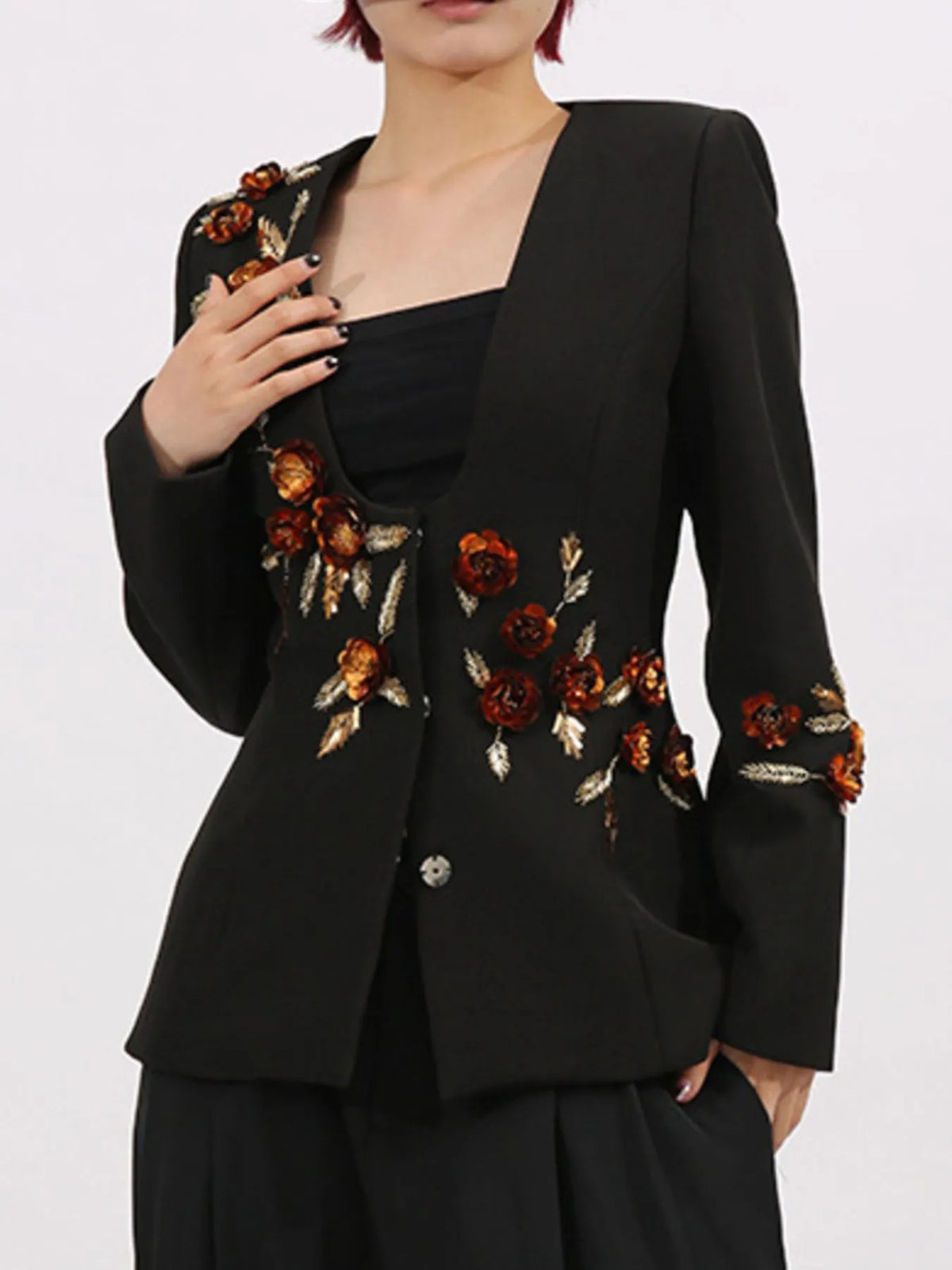 Embroidered Long Sleeve Blazer - Black - View 1