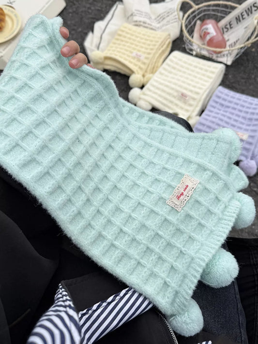 Waffle Knit Pom-Pom Scarf - Mint Blue - View 1