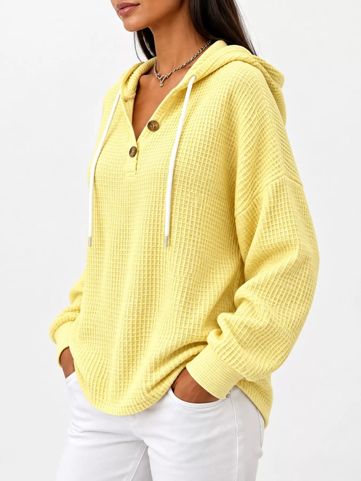 Full Size Waffle Knit Button Detail Hoodie Plus Size - Yellow - View 12
