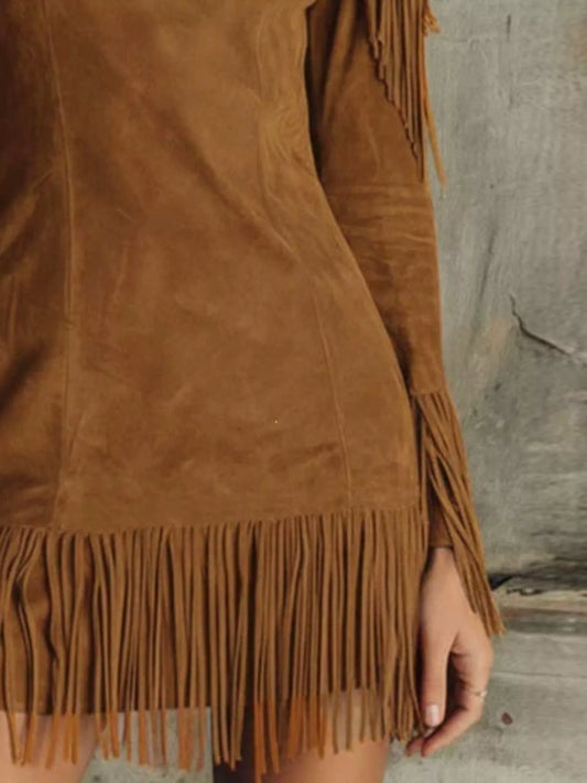Fringed Cold Shoulder Mini Dress - Brown - View 2