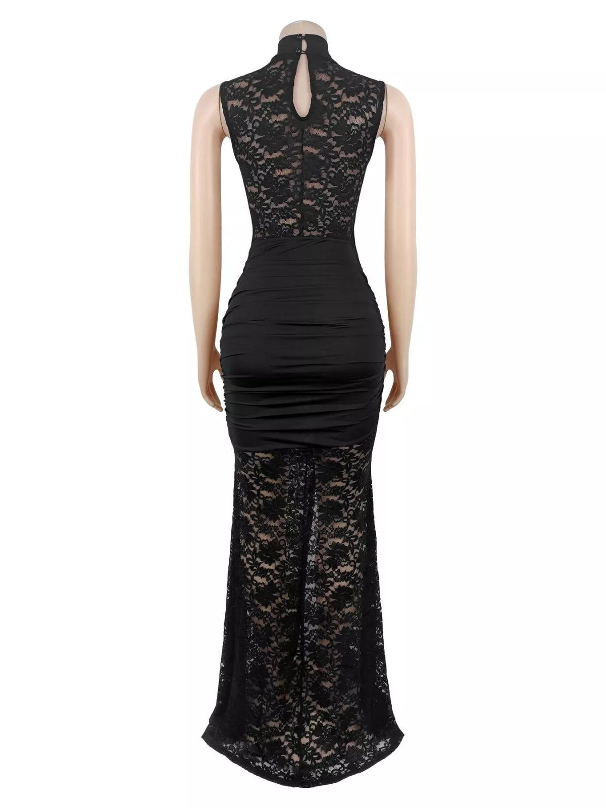 Lace Keyhole High-Slit Maxi Dress - Black - View 5
