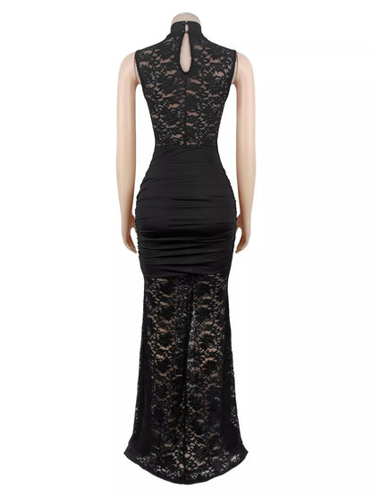 Lace Keyhole High-Slit Maxi Dress - Black - View 5