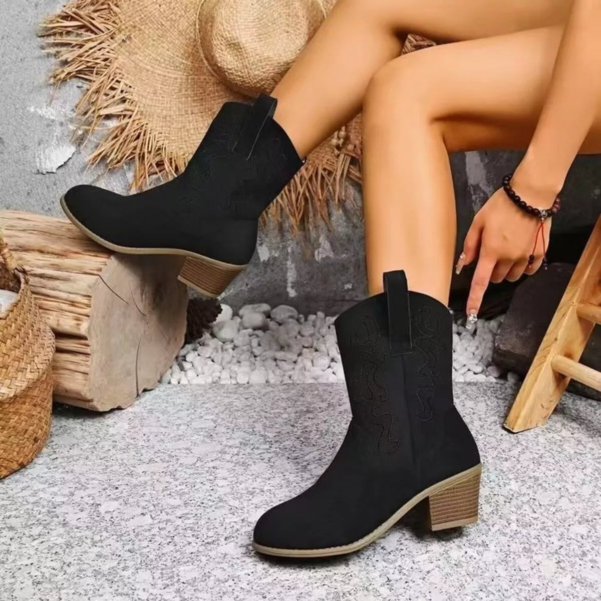 Round Toe Block Heels Boots - Black - View 1