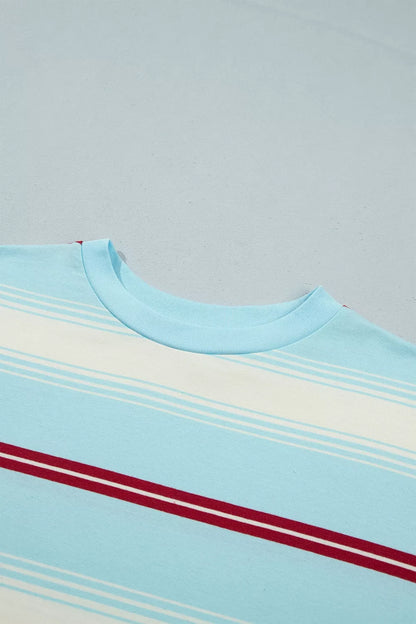 Stripe Casual Striped Patchwork Long Sleeve Loose Pullover Top - Pastel  Blue - View 4