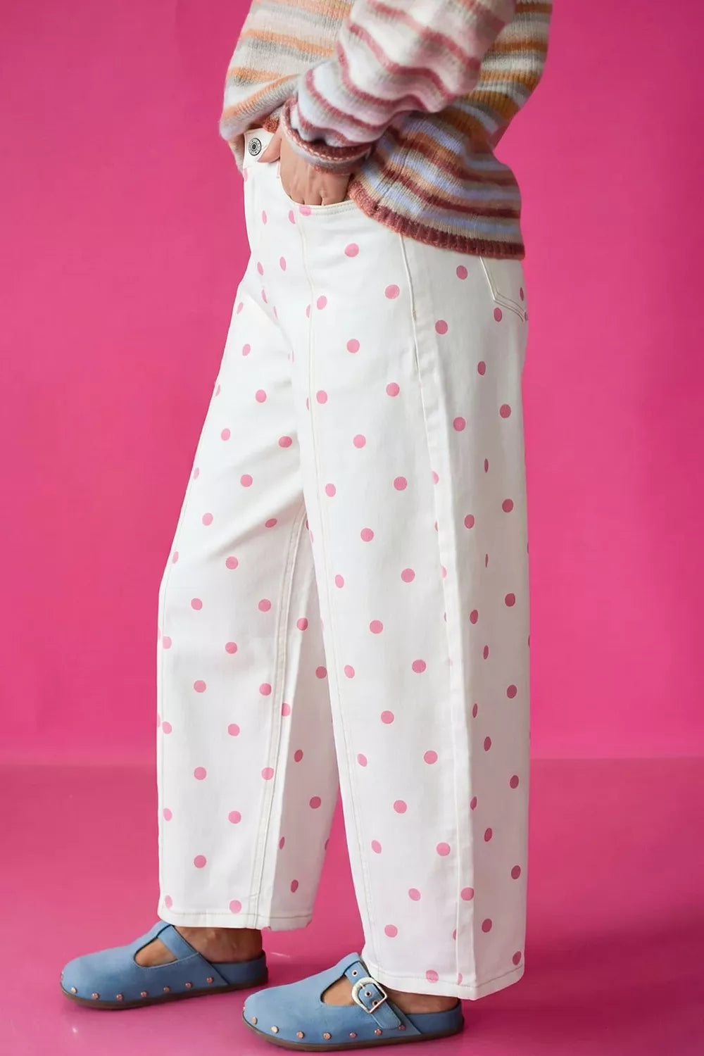 Polka Dot Wide-Leg Jeans - Blush Pink - View 4