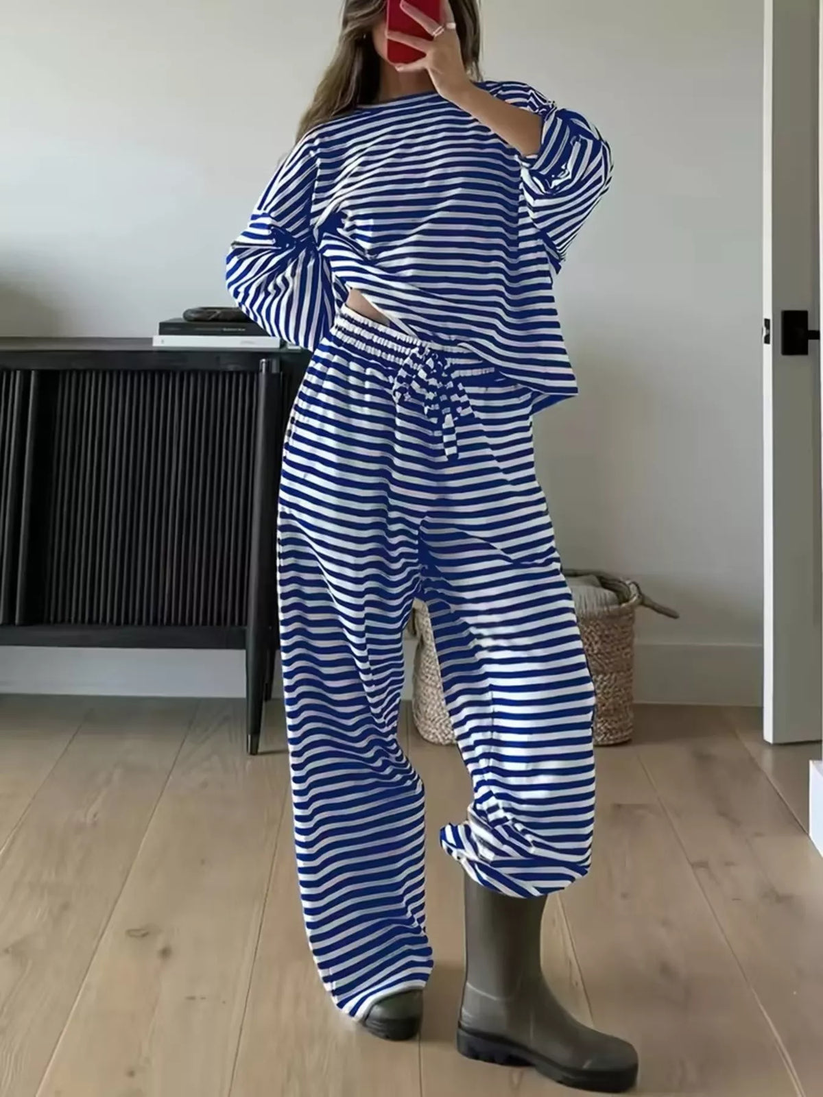 Striped Long Sleeve Top and Pants Set - Blue - View 2