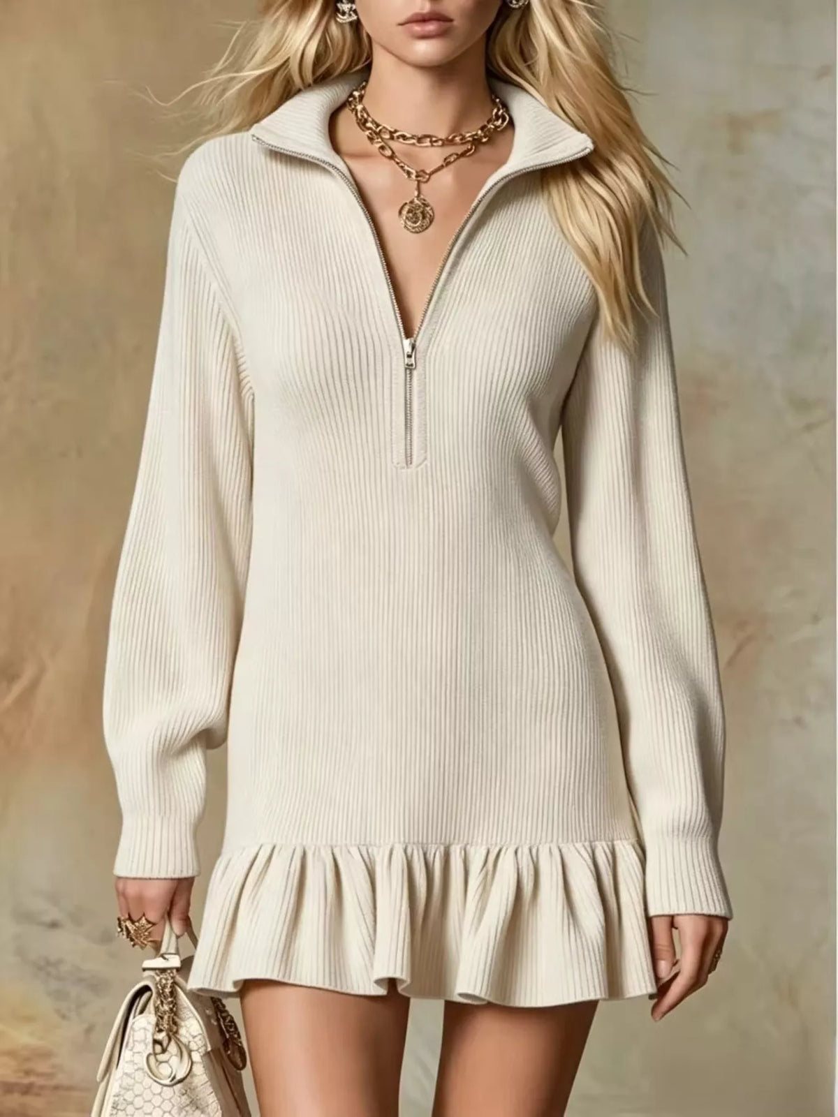 Ruffle Hem Half Zip Dress - Beige - View 1