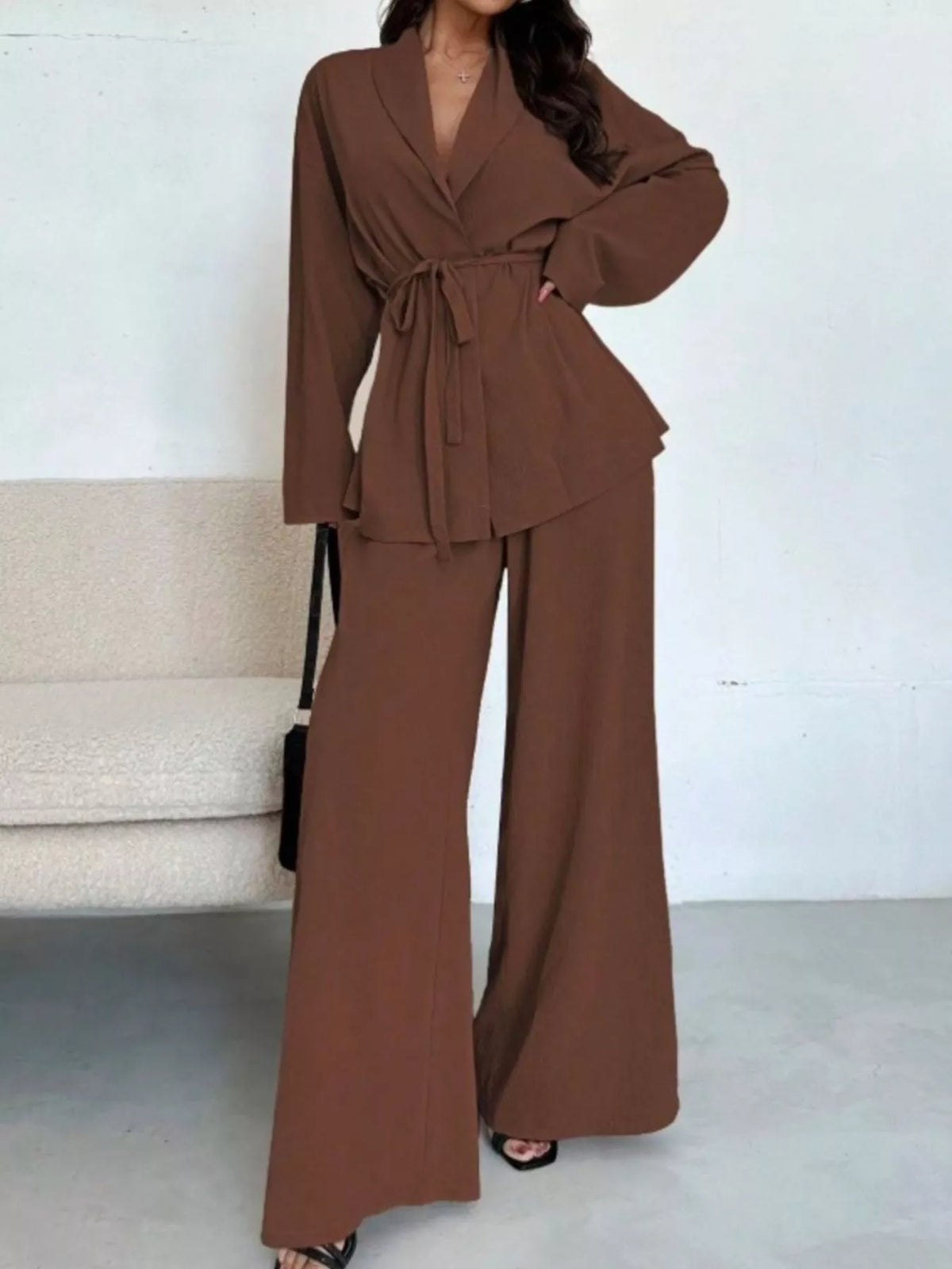Front Tied Shirt and Wide-Leg Pants Set - Dark Brown - View 17