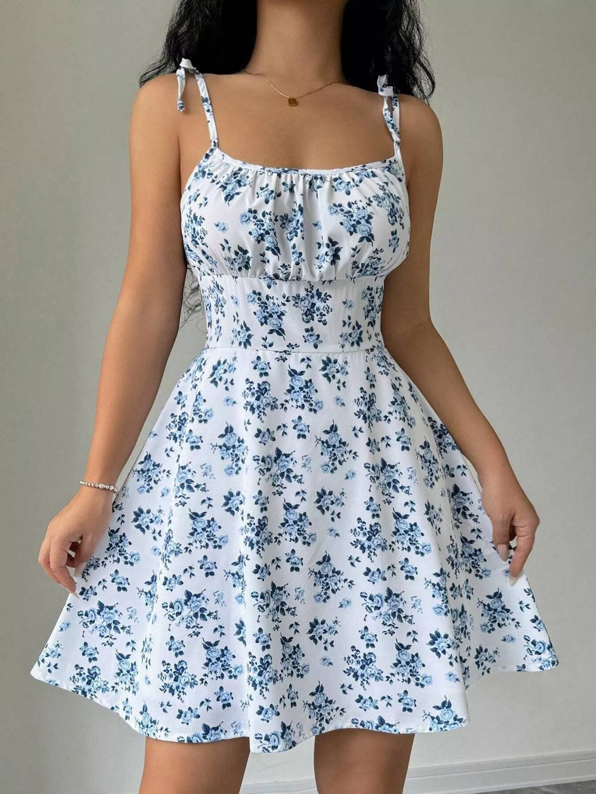Floral Print Spaghetti Strap A-Line Mini Dress - White - View 5