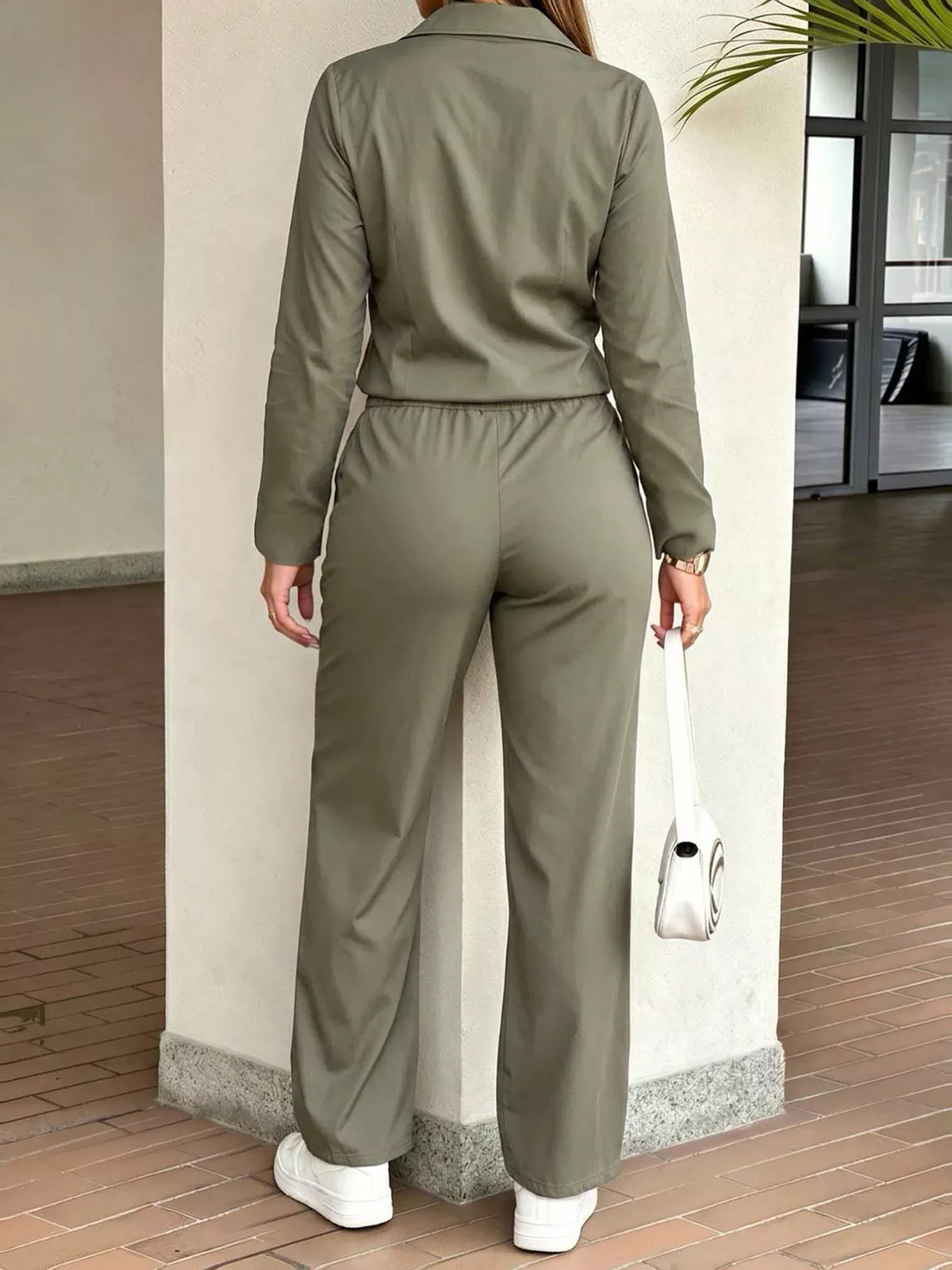 Button Front Jumpsuit with Drawstring Waist - Army Green - View 5