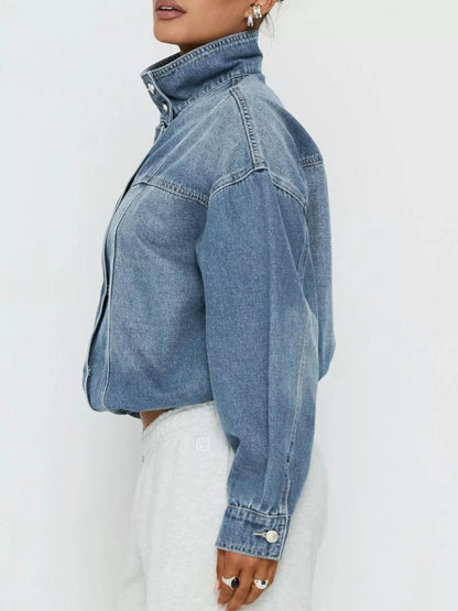 Washed Stand-Up Collar Denim Jacket - Blue - View 3