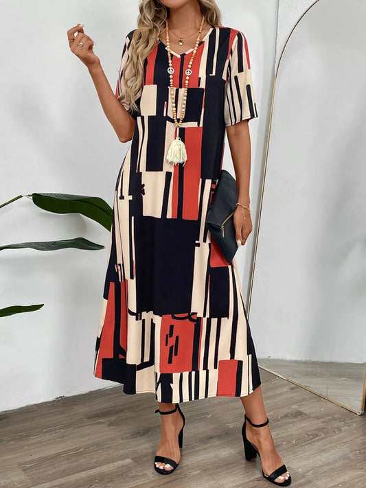 Abstract Geometric Print V-Neck Midi Dress - product photo 2