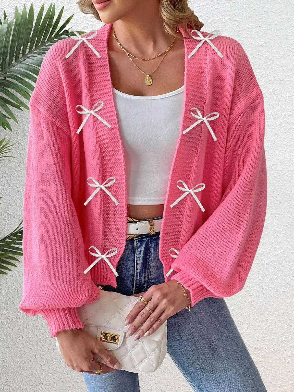 Bow-Tie Open Front Knit Cardigan - Rose Red - View 4