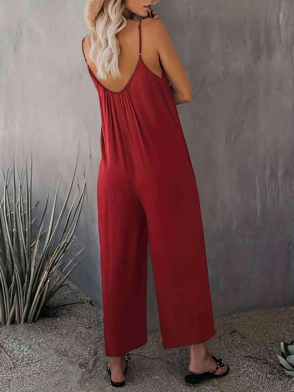 Scoop Neck Spaghetti Strap Jumpsuit - Burgundy - View 5