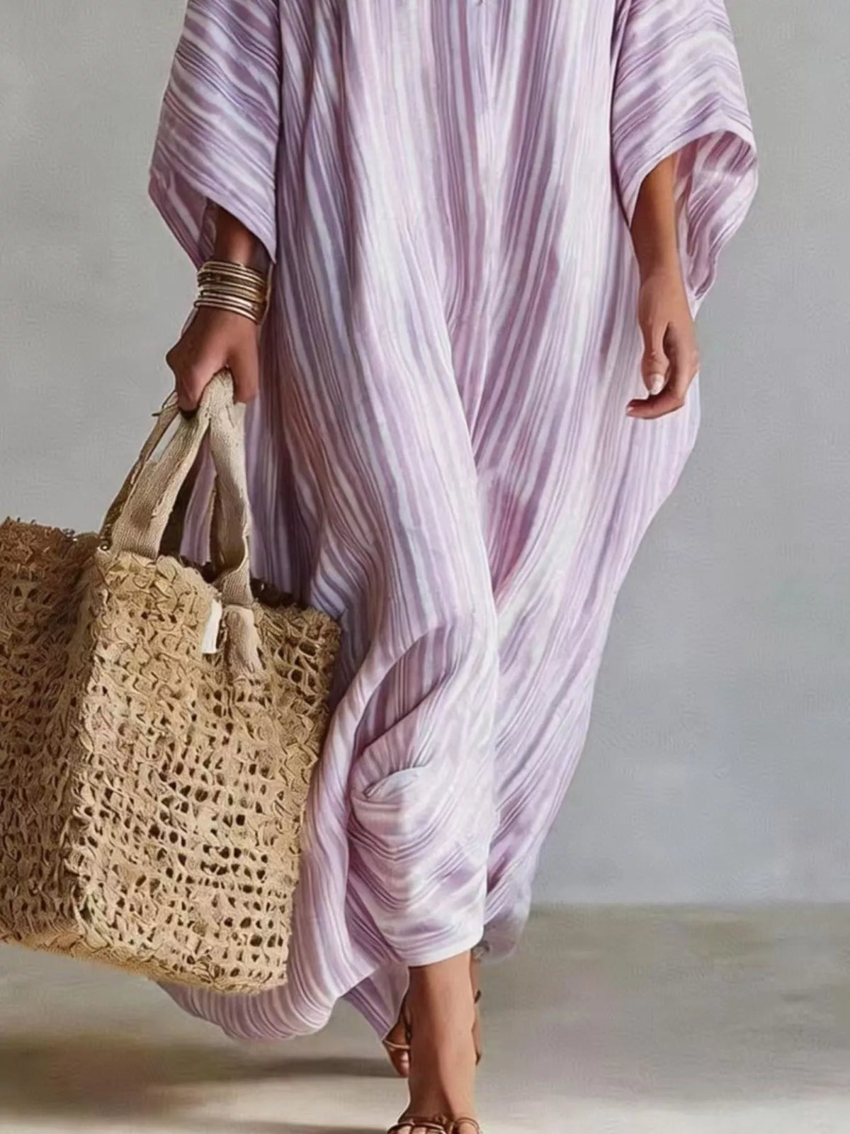 Striped V-Neck Maxi Dress - Pink Purple - View 3