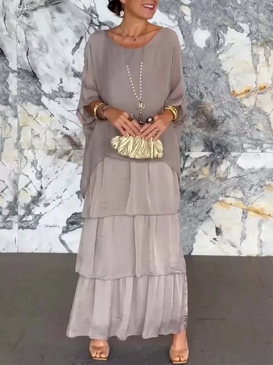Full Size Layered Batwing Sleeve Maxi Dress Plus Size - Gray - View 1