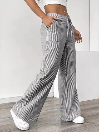 Striped Drawstring Wide-Leg Pants - Light Gray - View 2